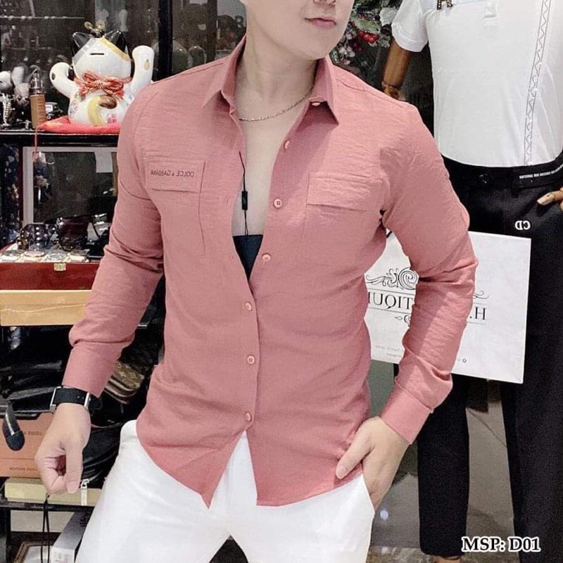 Áo sơ mi thêu túi chất vải đũi cao cấp không nhăn . form áo slim