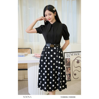 Áo sơ mi tằm đen tay phồng thiết kế cổ cách điệu YOONA - YH3B058