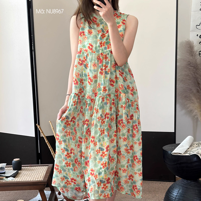 Đầm liền linen KAMAKA sát nách cổ tròn in hoa lá - NU8967