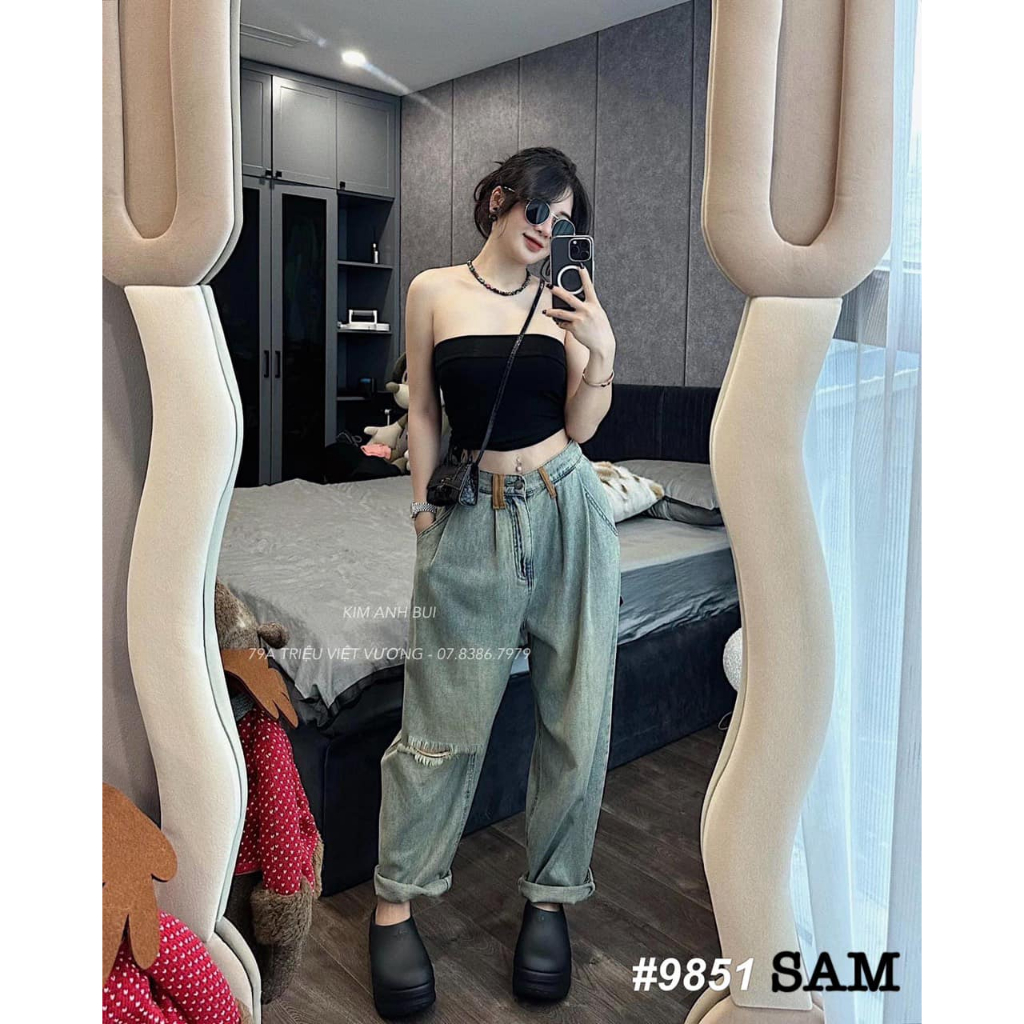 Quần jeans bạc rách gối vấn gấu lưng chun L1 dày dặn 9851(kèm ảnh thật)