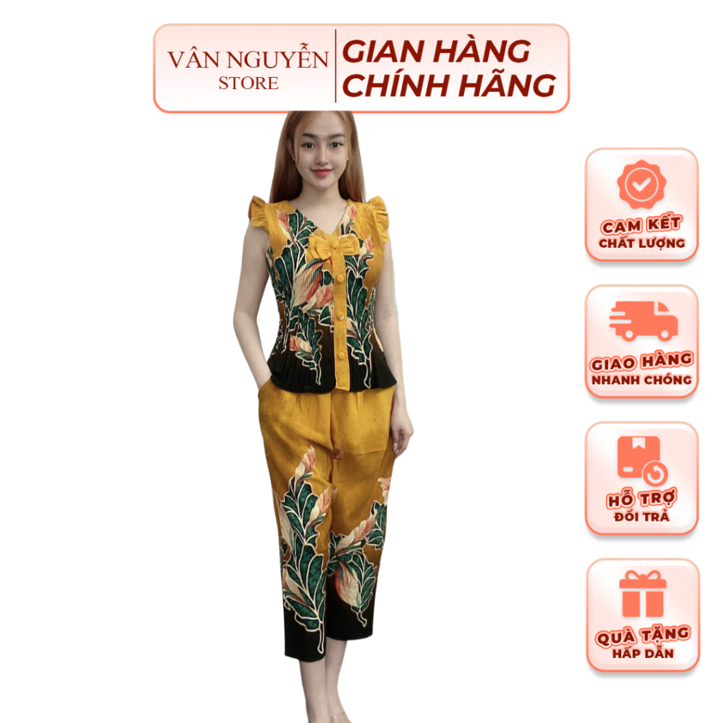 Đồ Bộ Mango VÂN NGUYỄN M17 Quần 9 Tấc Áo Dập Ly Co Giãn Vải Mát Họa Tiết Chân Bông Đẹp