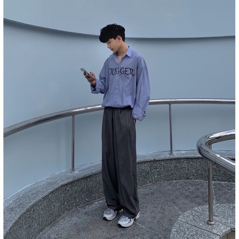 Áo Sơ Mi Trigger Kẻ Xanh Dài Tay Vải Cotton LỤa Cao Cấp