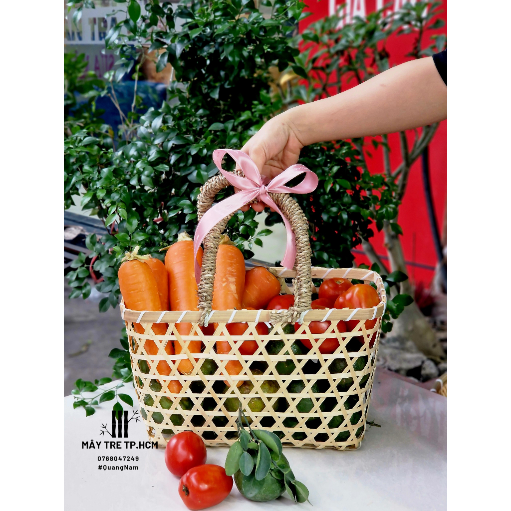 Giỏ mây tre quai cói đựng trái cây quà tặng, giỏ chịu lực tốt xách nặng, dùng làm giỏ quà biếu tặng trong các dịp lễ tết