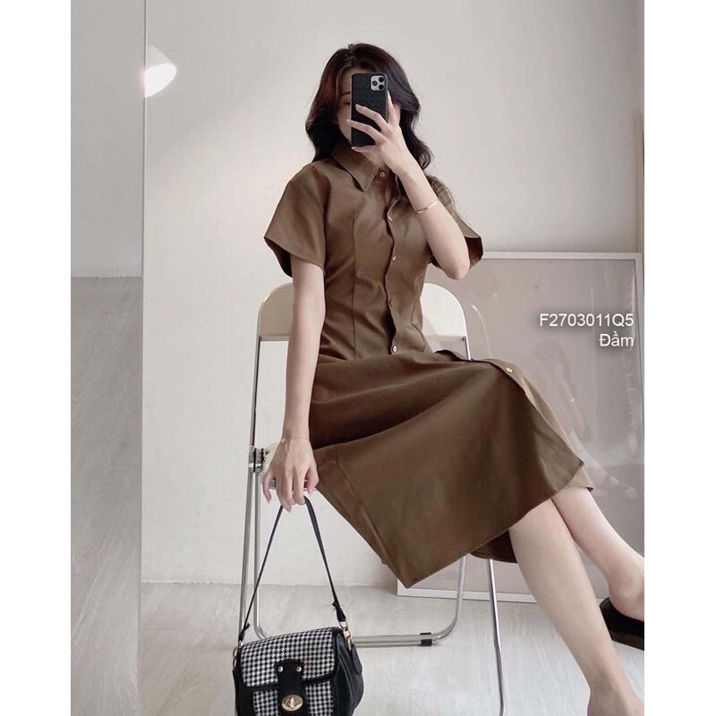 Váy Sơ Mi Dáng Dài Thắt Eo Phong Cách Tiểu Thư Thanh Lịch Màu Nâu