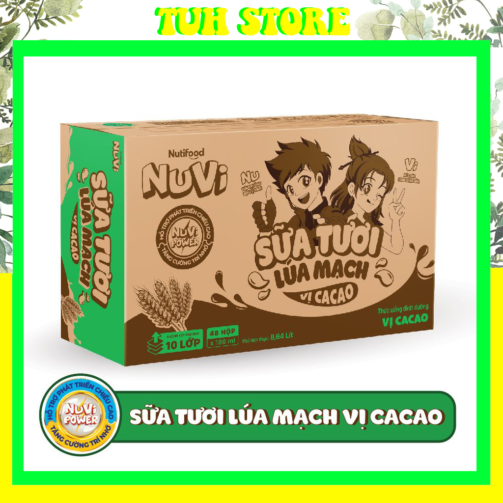 Thùng 12 Lốc Sữa Lúa Mạch Vị Cacao Nuvi 180ml Giúp Bé Phát Triển Trí Não, Chiều Cao Cho Bé-TUH