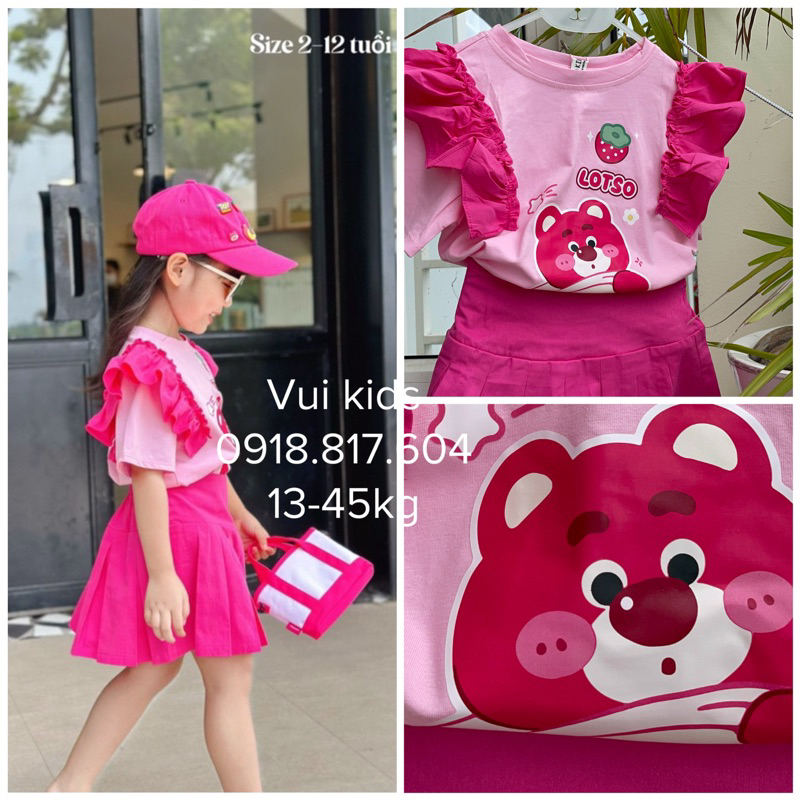 (Ảnh thật) Set chân váy bé gái. Set gấu dâu Lotso chân váy kaki thô mềm áo cotton 4C bé gái 13-45kg Sofia Candy
