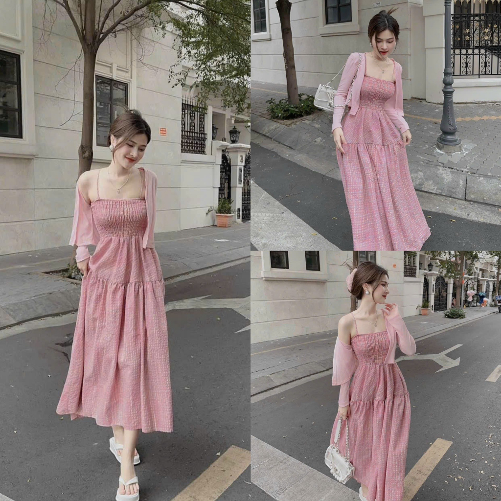 Đầm váy nữ đũi caro 2 dây chạy mocking thân kèm khoác borip sang chảnh thích hợp cho các chị em đi dự tiệc, đi biển