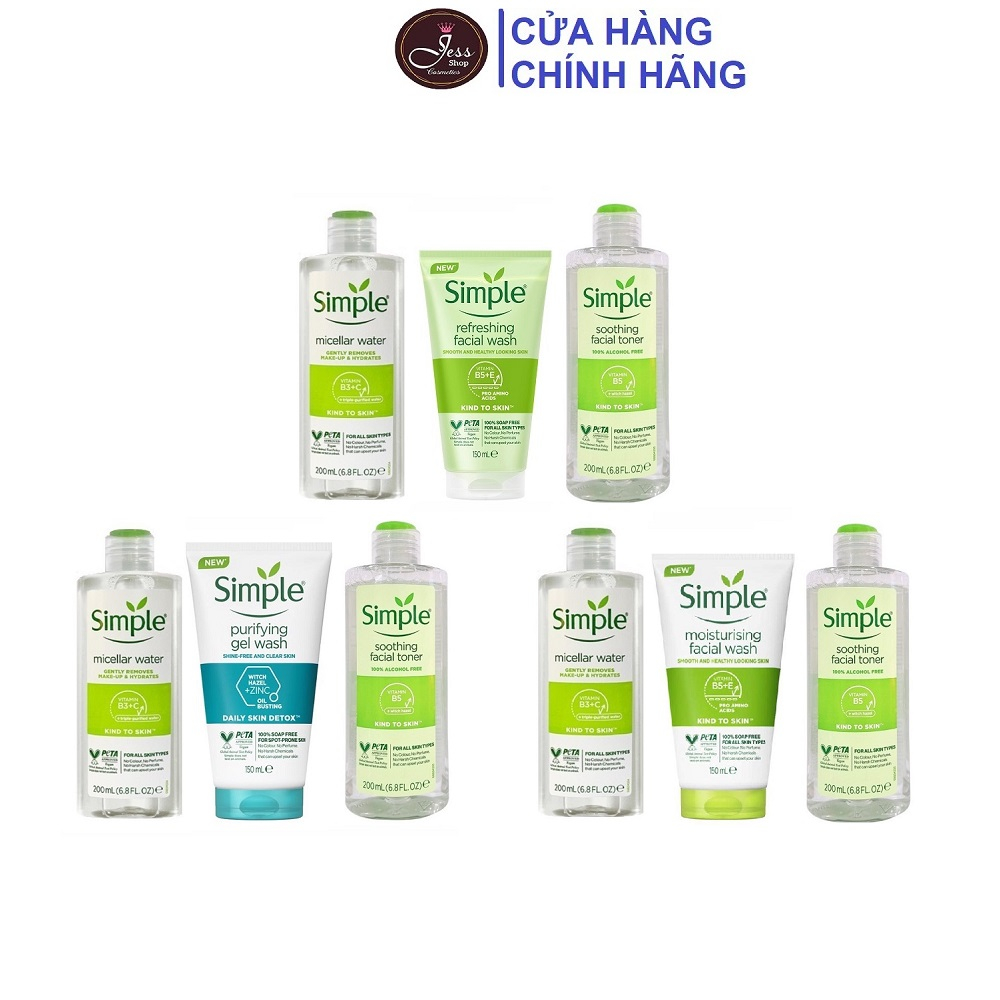 Combo 3 Sản Phẩm Dưỡng Da Simple (Sữa rửa mặt + Tẩy trang + Toner)