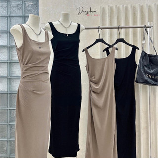 Váy tăm hàn 2 dây bản to body dáng dài rúm eo - Anna.Store