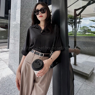 Sơ mi lụa dáng rộng ngắn tay 3 màu trơn 12316