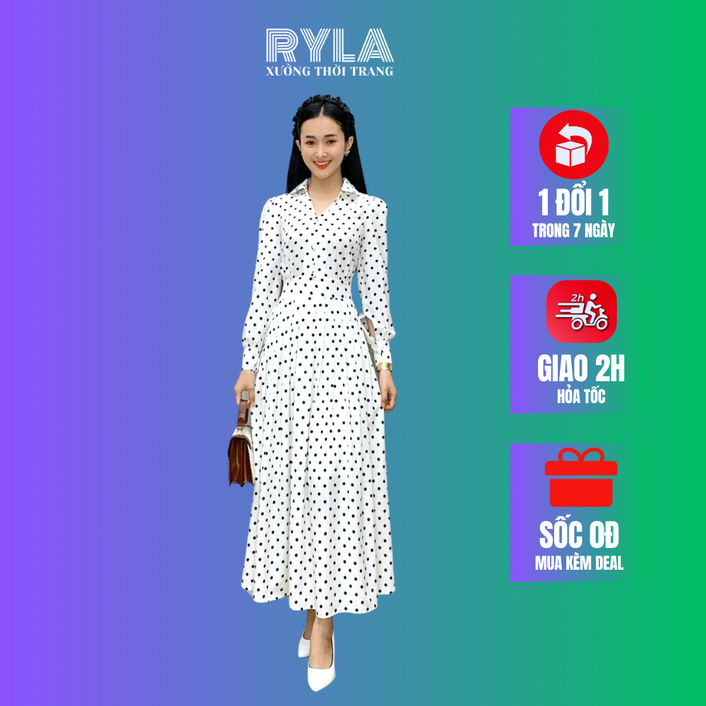 Đầm maxi cổ sơ mi chấm bi tay dài, dàng xòe, có bo chun co giãn, có size bigsize RYLA R121