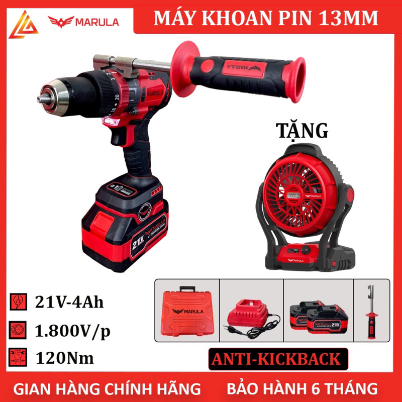Khoan 3 chức năng 13mm chính hãng MARULA | Máy Khoan Pin Không chổi than | Có búa dùng chân pin phổ thông