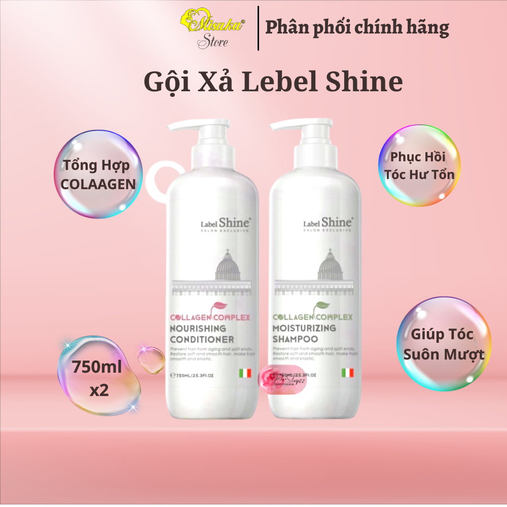 Dầu Gội Xả Collagen Dưỡng Tóc Siêu Mềm Mượt Label Shine 750ml - Phục Hồi Tóc Uốn Nhuộm Tẩy Khô Xơ, Thơm Dịu