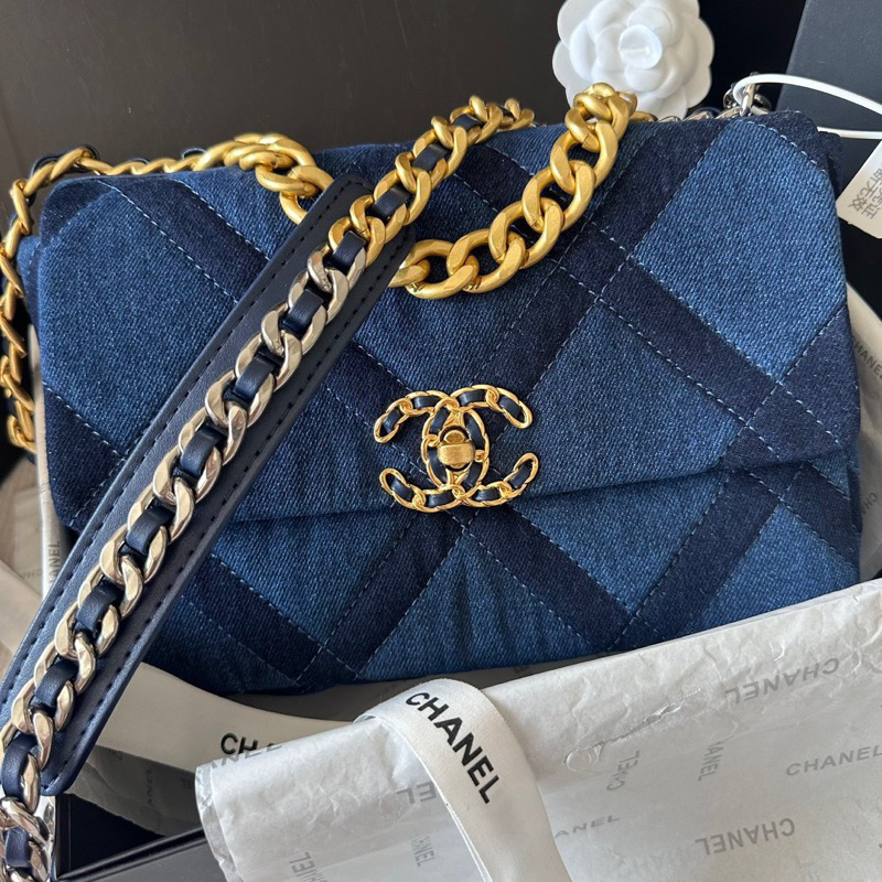 Túi xách tag vàng vải denim size26 fullbox đẹp túi vải hoá đơn