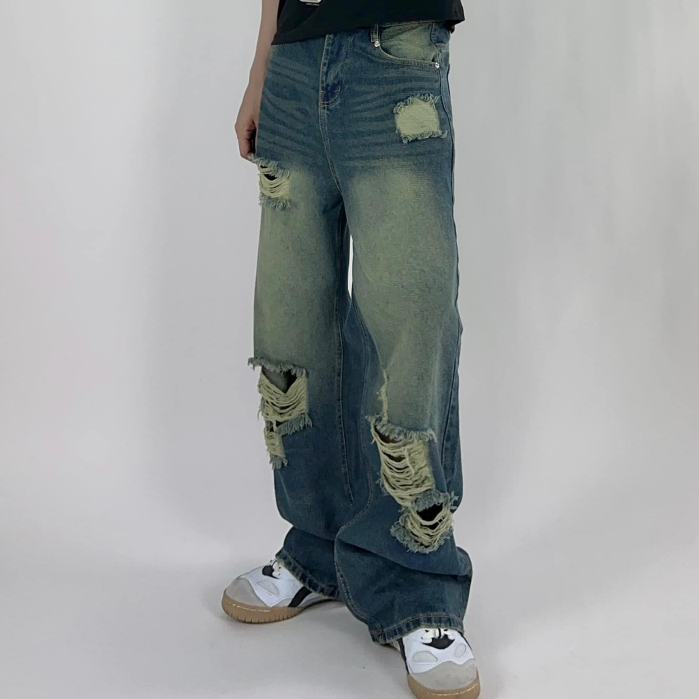 Quần jean ống rộng nam nữ , quần dài ống đứng unisex , quần dài rách gối form rộng - gin store