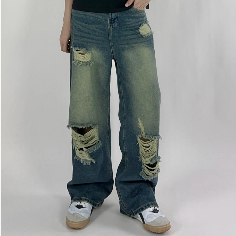 Quần jean ống rộng nam nữ , quần dài ống đứng unisex , quần dài rách gối form rộng - gin store