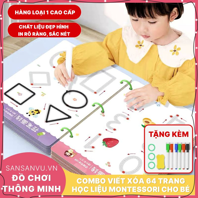 Combo Tập Tô Vẽ Thông Minh Xóa Được 64 Trang Tặng 6 Bút, Học Liệu Montessori Đồ Chơi Giáo Dục Cho Bé 2 3 4 5 Tuổi