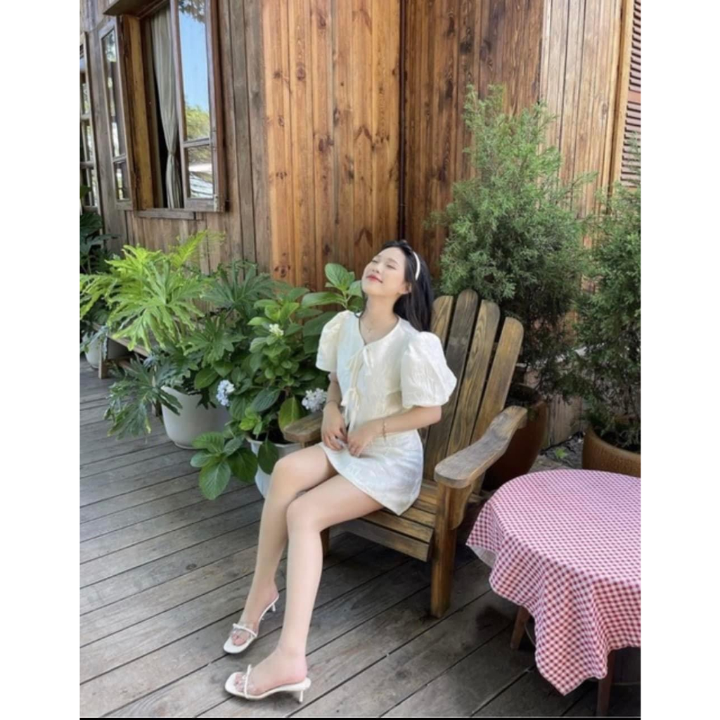 Set áo gấm dáng ngắn thắt nơ mix chân váy chữ A YURISTORE