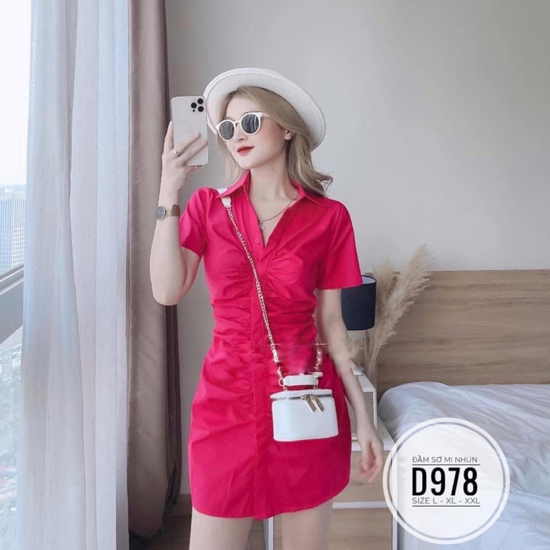BIGSIZE Đầm sơ mi nhún D978