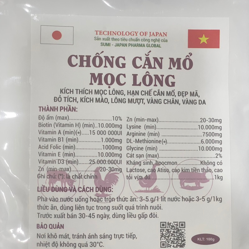 Chống cắn mổ - Mọc lông 100gr Sumi japan kích thích mọc lông, hạn chế cắn mổ, đỏ tích, kích mào chăm sóc vật nuôi