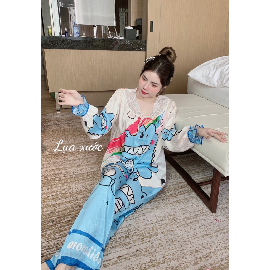 Đồ bộ pijama tay dài lụa xước thiết kế mới dẻ thương chất liệu mềm mịn mát , pizama nữ lụa xước giá rẻ tận xưởng