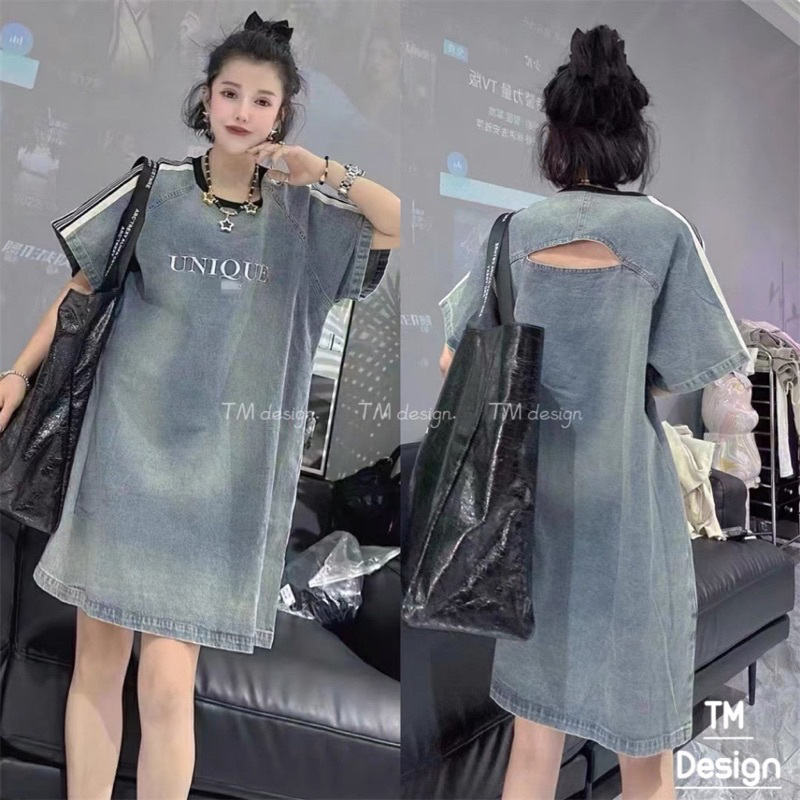 Đầm jean dáng suông ngắn phối họa tiết hình chữ hàng đẹp!