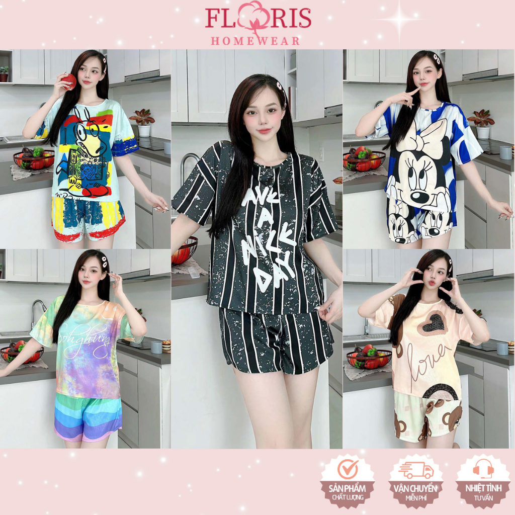 Bộ mặc nhà lụa ánh kim cổ tròn quần đùi in họa tiết cao cấp Floris homewear mềm mại thoáng mát