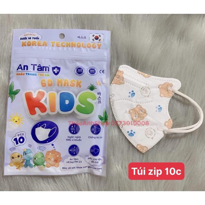 Hộp 10 cái khẩu trang 6D Kids An Tâm dành cho bé 2-6 tuổi đủ hình