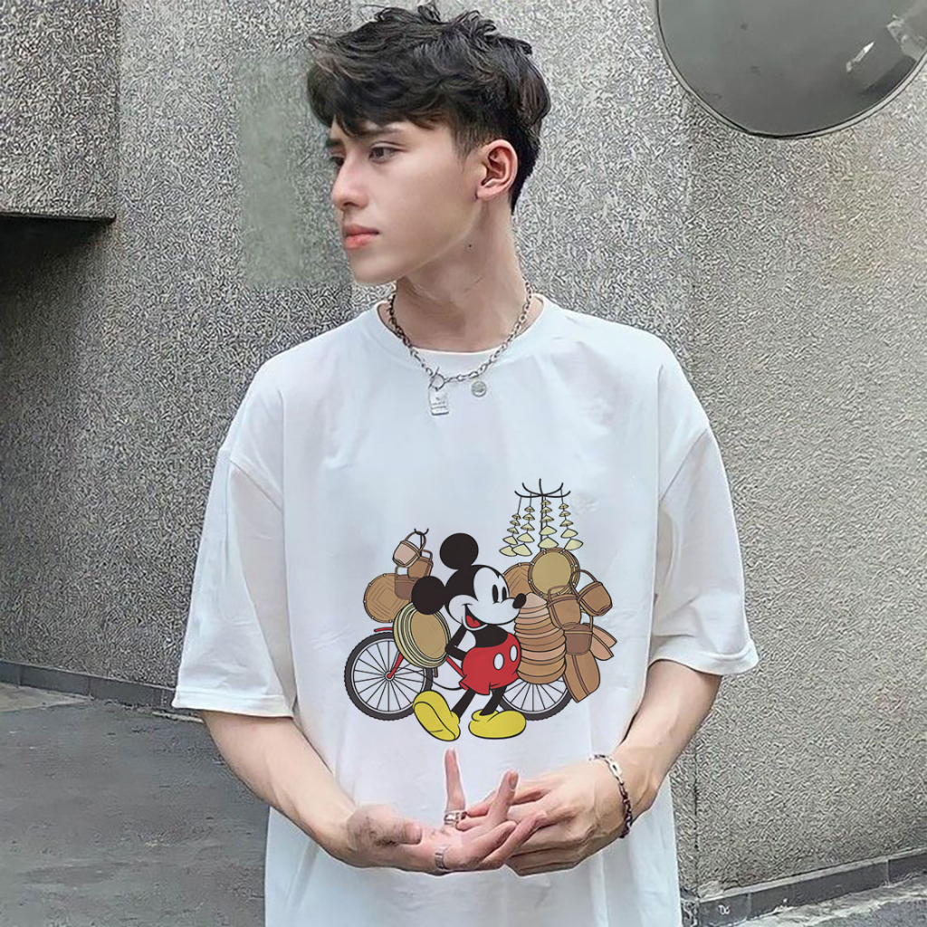 Áo Thun Nam Nữ In Hình Chuột Mickey Việt Nam Bán Nón Lá Chất Liệu Cotton Mềm Mịn Co Giãn Thoáng Mát