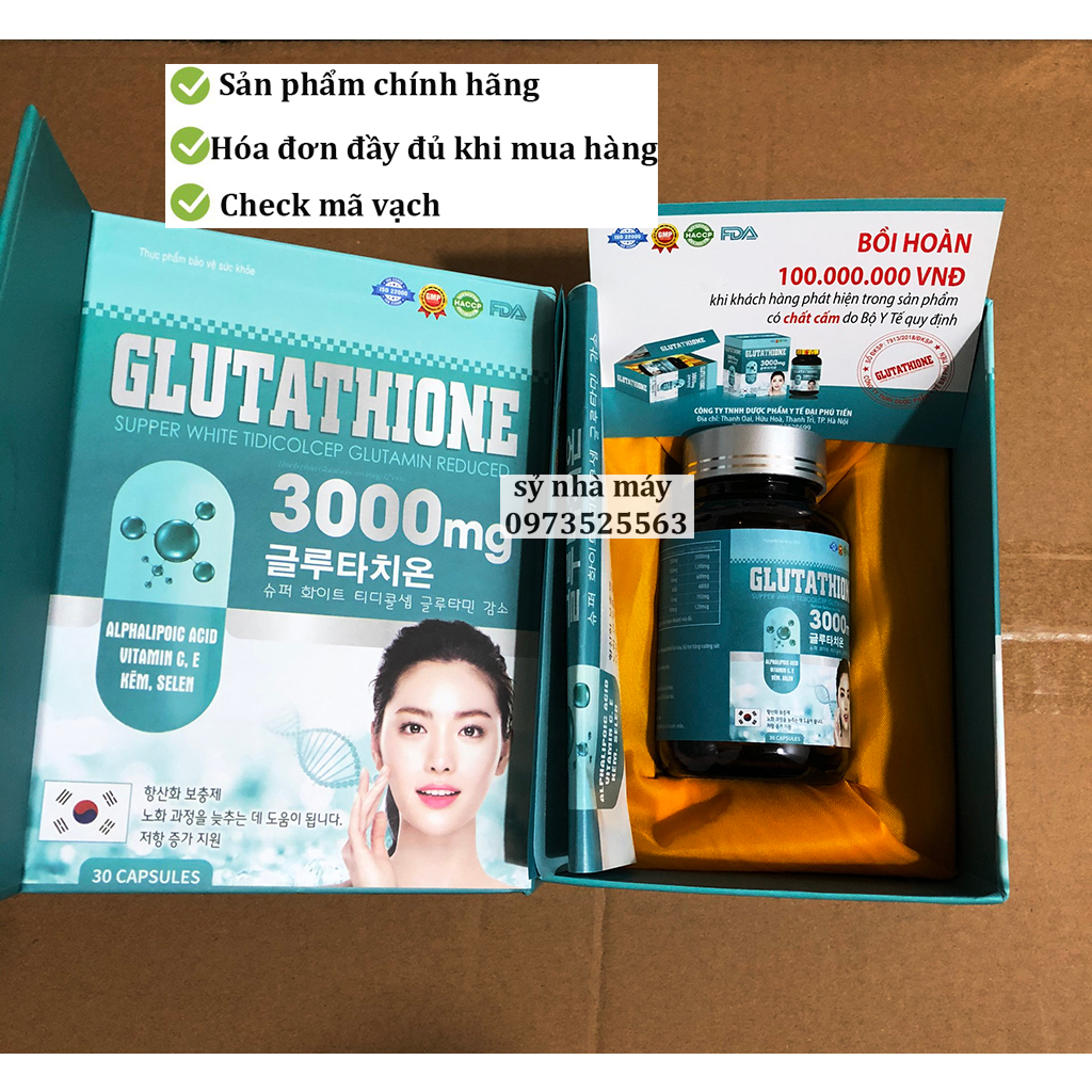 Viên Uống Trắng Da Glutathione 2000mg , viên uống glutathione 2000mg giúp sạch nám, trắng da bật tông