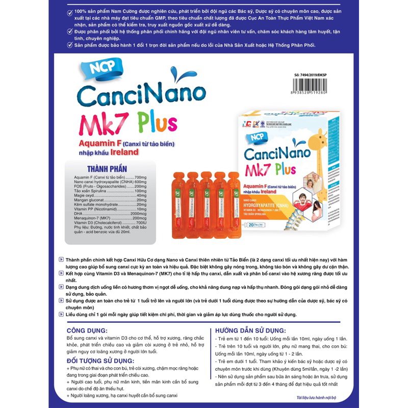 Gel canxi hữu cơ nano NCP CANXINANO MK7 PLUS bổ sung canxi cho trẻ còi xương suy dinh dưỡng, vàng da - Hộp 20 gói