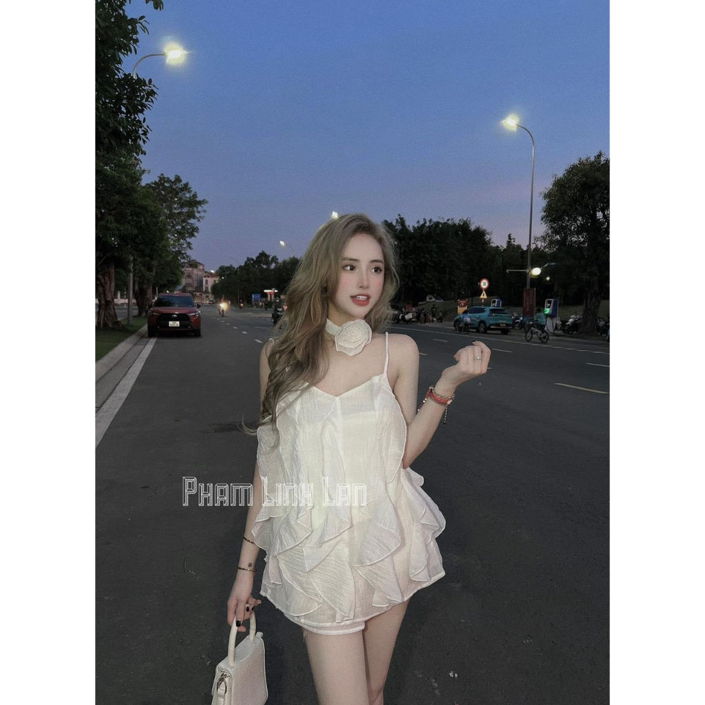 SET TƠ NHĂN BÈO KÈM KHĂN HOA - SET ÁO 2 DÂY TƠ BÈO NHĂN HOA CỔ