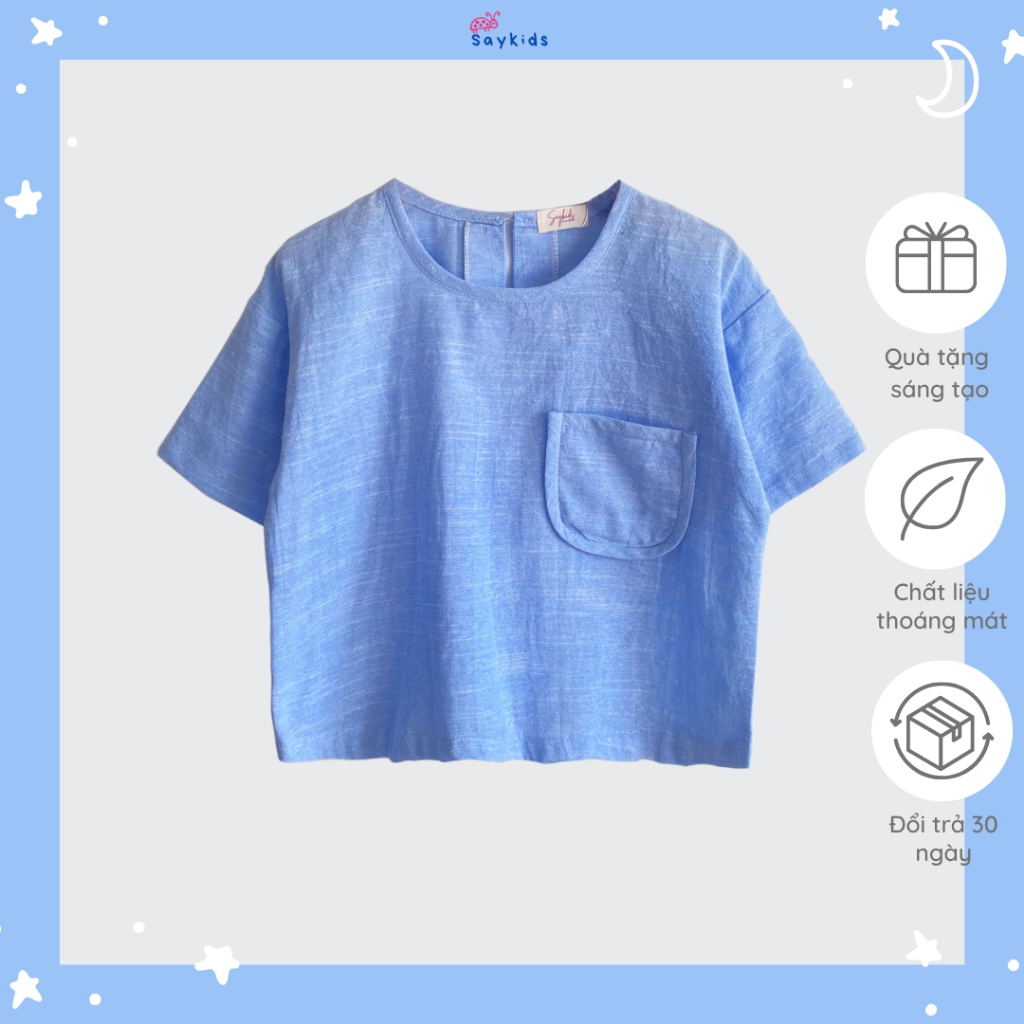 Áo sơ mi bé trai màu xanh da trời chất liệu thô linen cho bé từ 2 - 6 tuổi ( 9 - 20 kg)