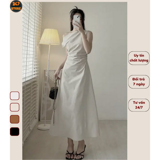 Váy công sở dáng dài lệch vai xếp ly nhún eo chất thô mềm 247store_Vaydaicheovai057_P11K16