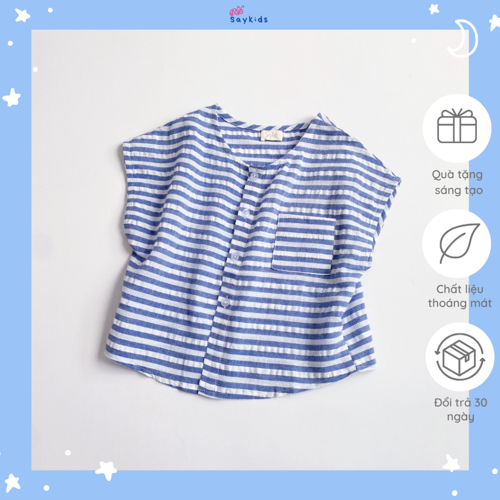 Áo sơ mi bé trai kẻ sọc ngang màu xanh chất liệu linen cho bé từ 2 - 5 tuổi