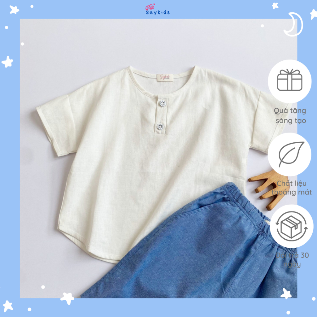Áo sơ mi bé trai chất liệu linen thoáng mát màu trắng cộc tay phong cách Hàn Quốc cho bé từ 2 - 6 tuổi
