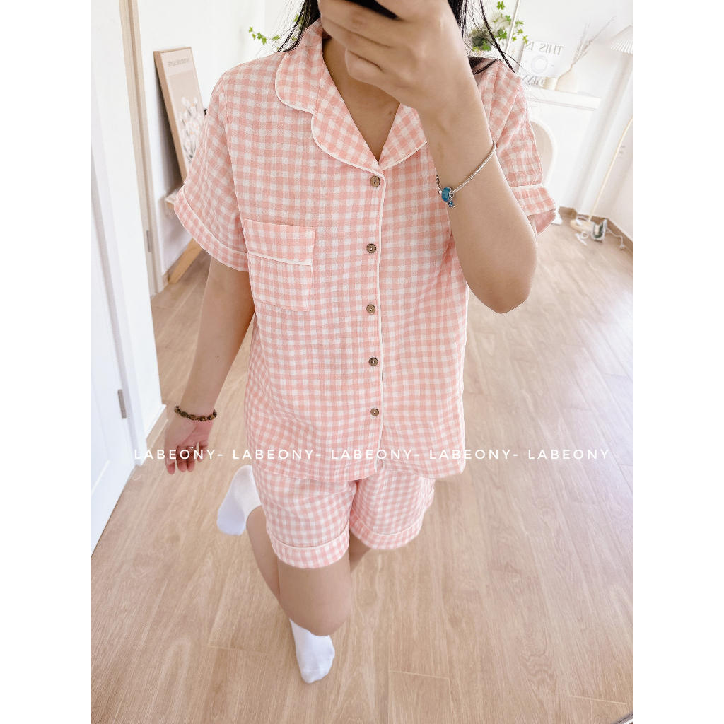 Đồ bộ nữ mặc nhà Pyjama caro ngắn dài muslin Hàn Labeony