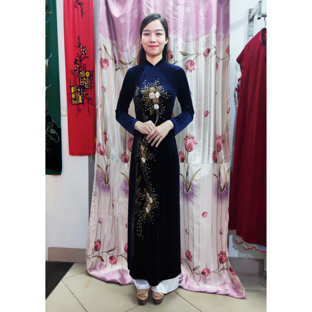 Áo dài nhung thêu thêu hoa cúc kết kim sa trung niên cổ 2cm truyền thống cho mẹ, bà sui mặc lễ tết, cưới con, đi lễ chùa