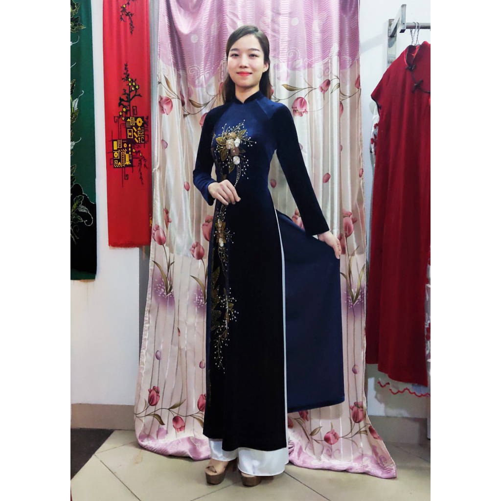 Áo dài nhung thêu thêu hoa cúc kết kim sa trung niên cổ 2cm truyền thống cho mẹ, bà sui mặc lễ tết, cưới con, đi lễ chùa