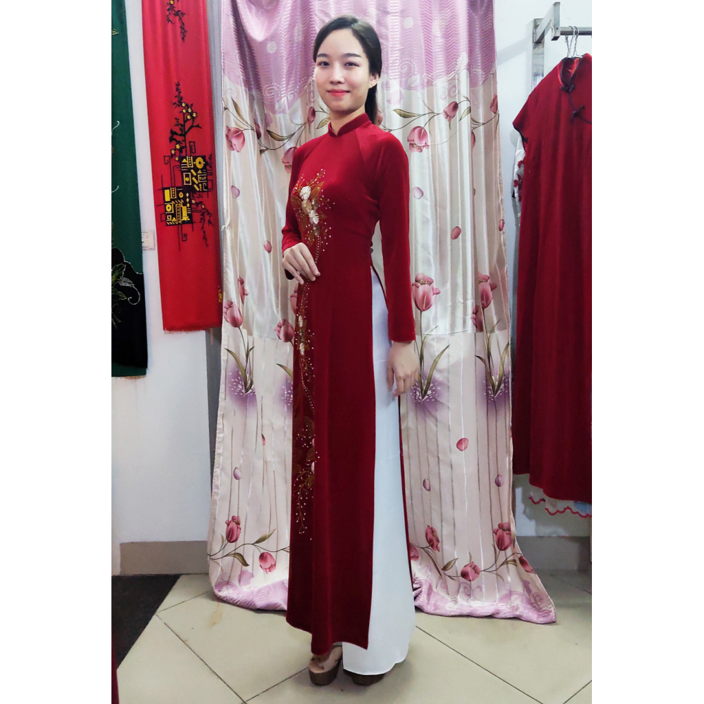 Áo dài nhung thêu thêu hoa cúc kết kim sa trung niên cổ 2cm truyền thống cho mẹ, bà sui mặc lễ tết, cưới con, đi lễ chùa