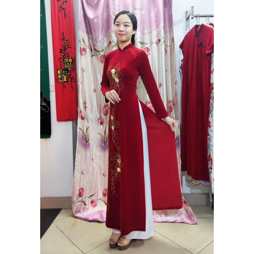 Áo dài nhung thêu thêu hoa cúc kết kim sa trung niên cổ 2cm truyền thống cho mẹ, bà sui mặc lễ tết, cưới con, đi lễ chùa