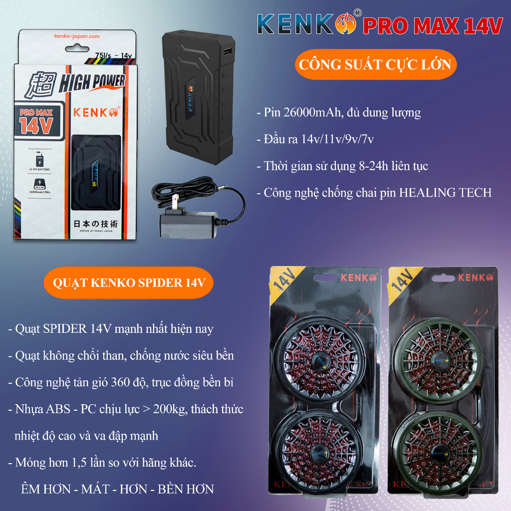 Áo quạt điều hòa KENKO Promax 14v quạt spider mới nhất 2023