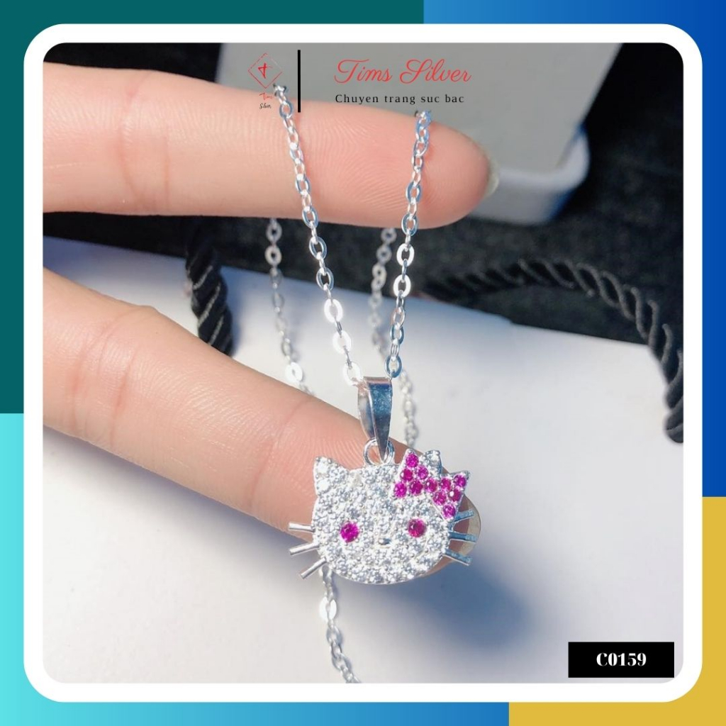Dây chuyền/Vòng cổ bạc ta, bạc S925 hình mèo Hello Kitty đeo nơ dành cho bé gái TIMS C0159