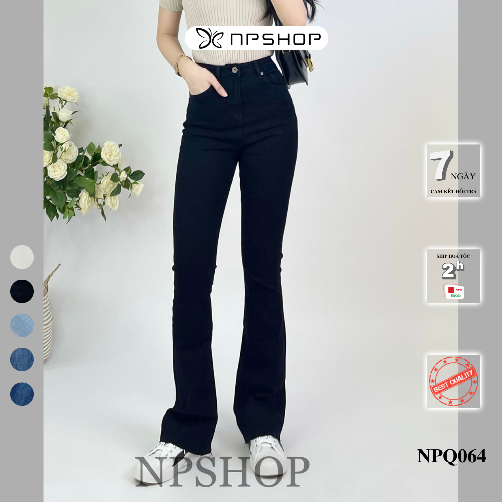 Quần jean nữ ống loe NPSHOP lưng cao 2 màu đen trắng, quần bò ống loe kiểu trơn sang chảnh NPQ064