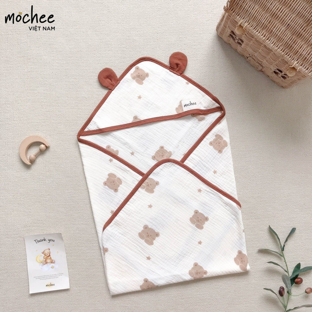 Ủ choàng xô tai gấu cho bé Mochee 70x70cm, chăn ủ xô muslin mềm mại - Monnie Kids