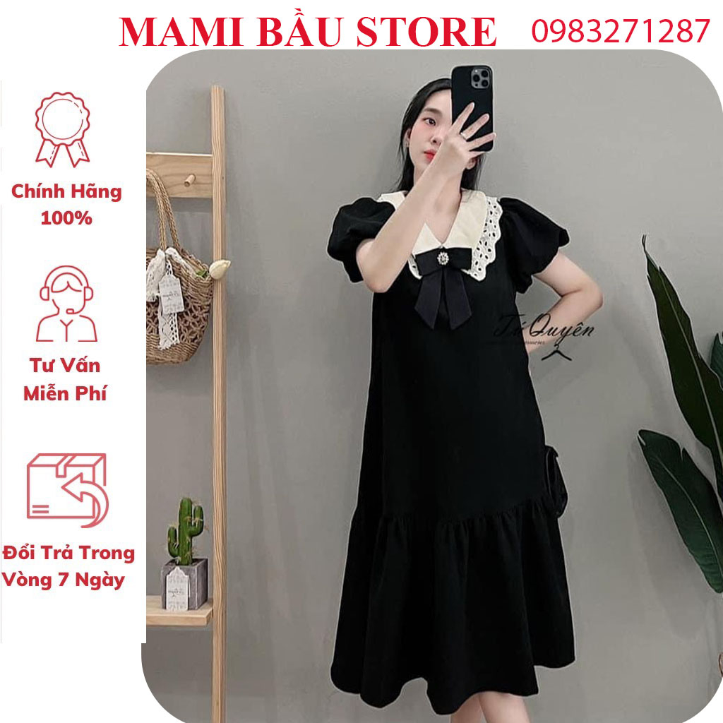 VÁY ĐẦM BẦU CÔNG SỞ MÙA HÈ-ĐẦM BẦU TIỂU THƯ DÁNG BABYDOLL ĐUÔI CÁ CỔ REN ĐÍNH NƠ TAY