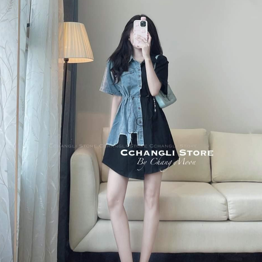 Váy sơ mi Hàn Quốc Váy kiểu kẻ dọc 2 màu dáng mini cộc tay