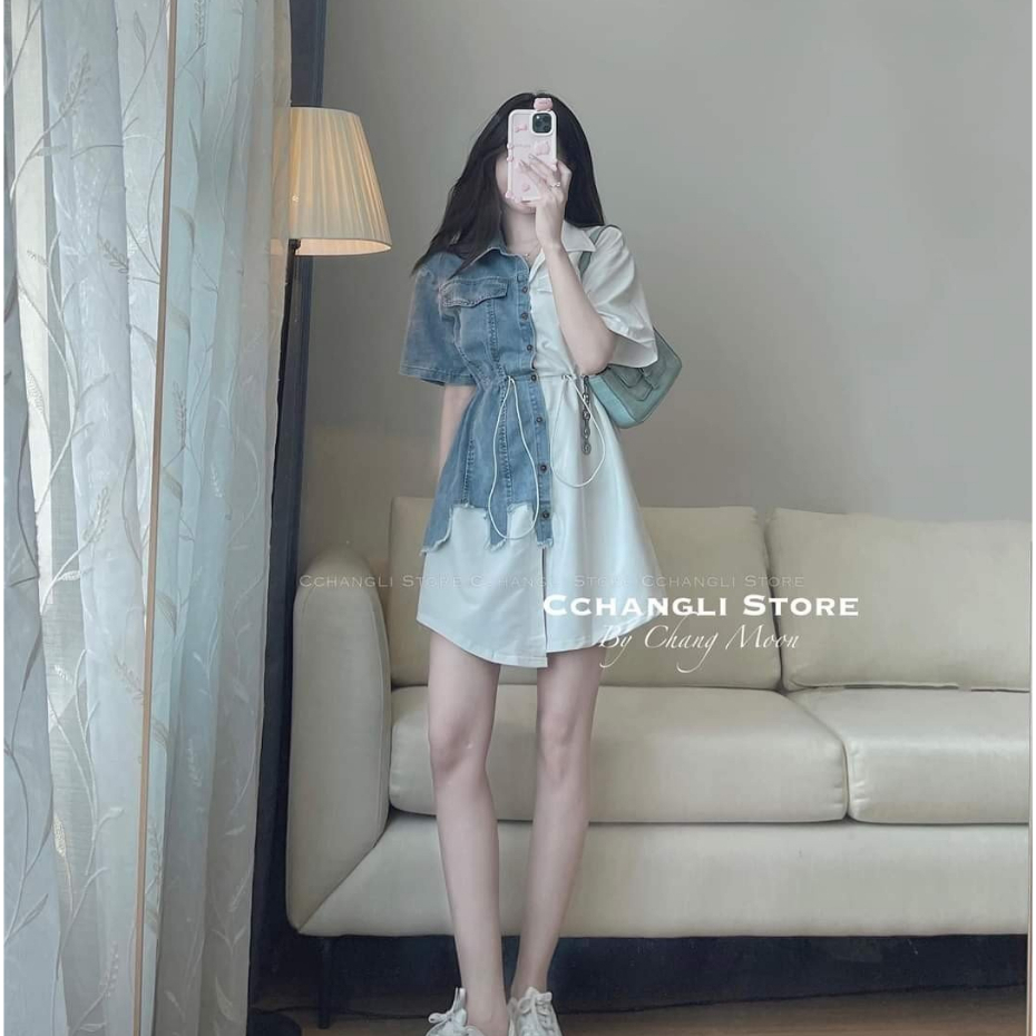 Váy sơ mi Hàn Quốc Váy kiểu kẻ dọc 2 màu dáng mini cộc tay