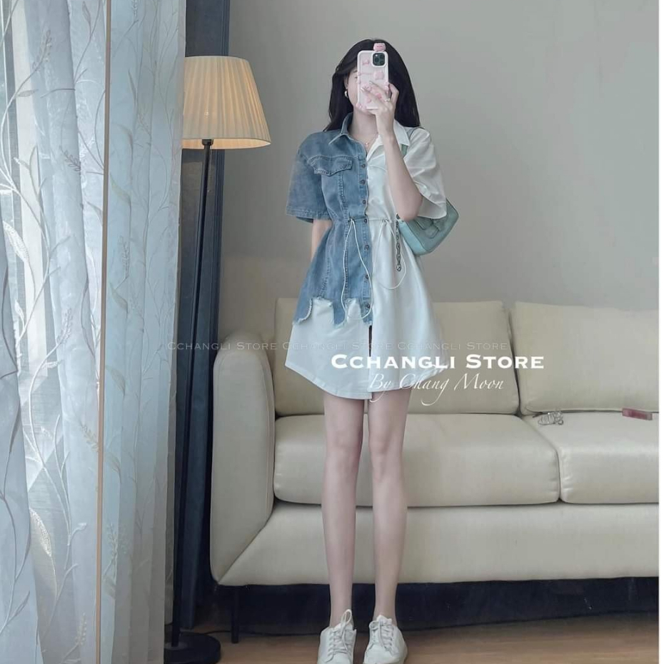 Váy sơ mi Hàn Quốc Váy kiểu kẻ dọc 2 màu dáng mini cộc tay