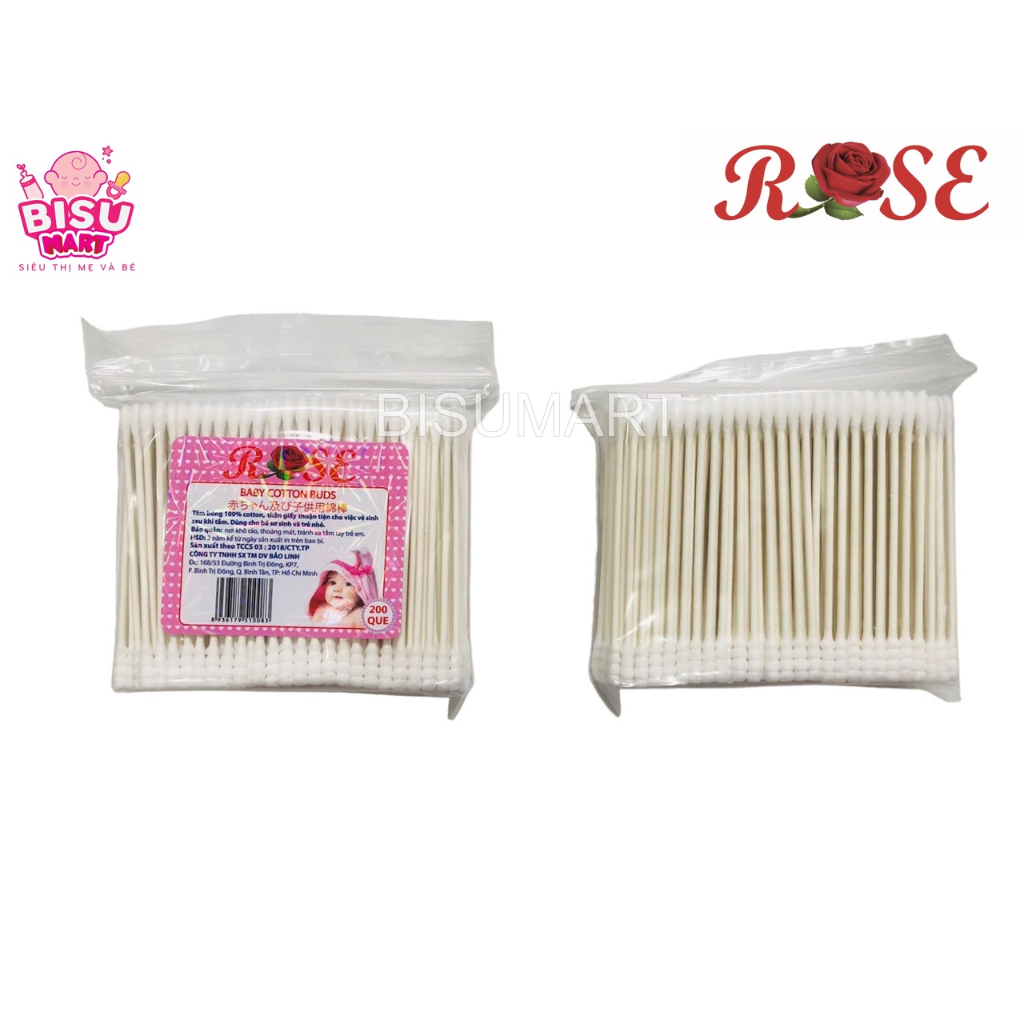 Bịch 200 que Tăm bông, bông ráy tai cho bé lõi giấy mềm cao cấp ROSE